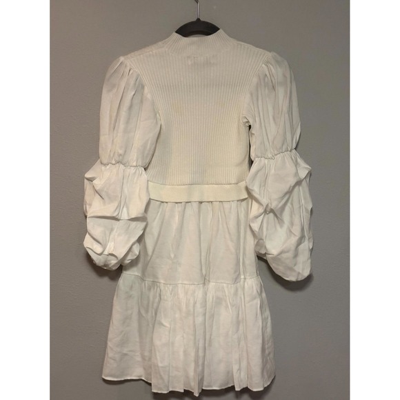 English Factory Mixed Media Mini Dress Womens XS White Knit Bodice Puff Sleeve - Picture 11 of 11